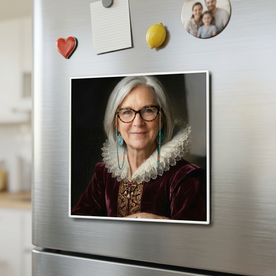 The same portrait printed as a fridge magnet